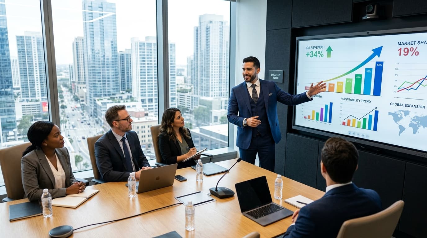 Directiva empresarial escalando operaciones con software